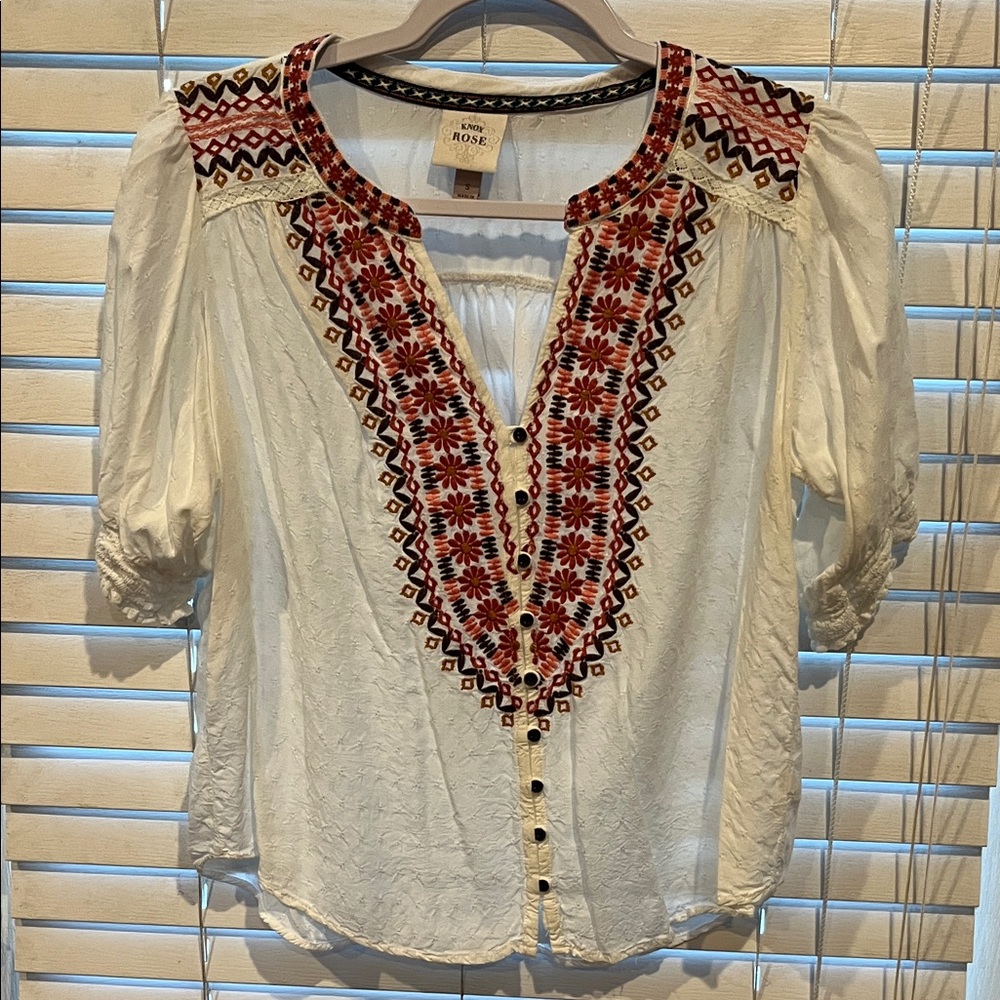 Knox Rose Cream Blouse with Red Embroidery